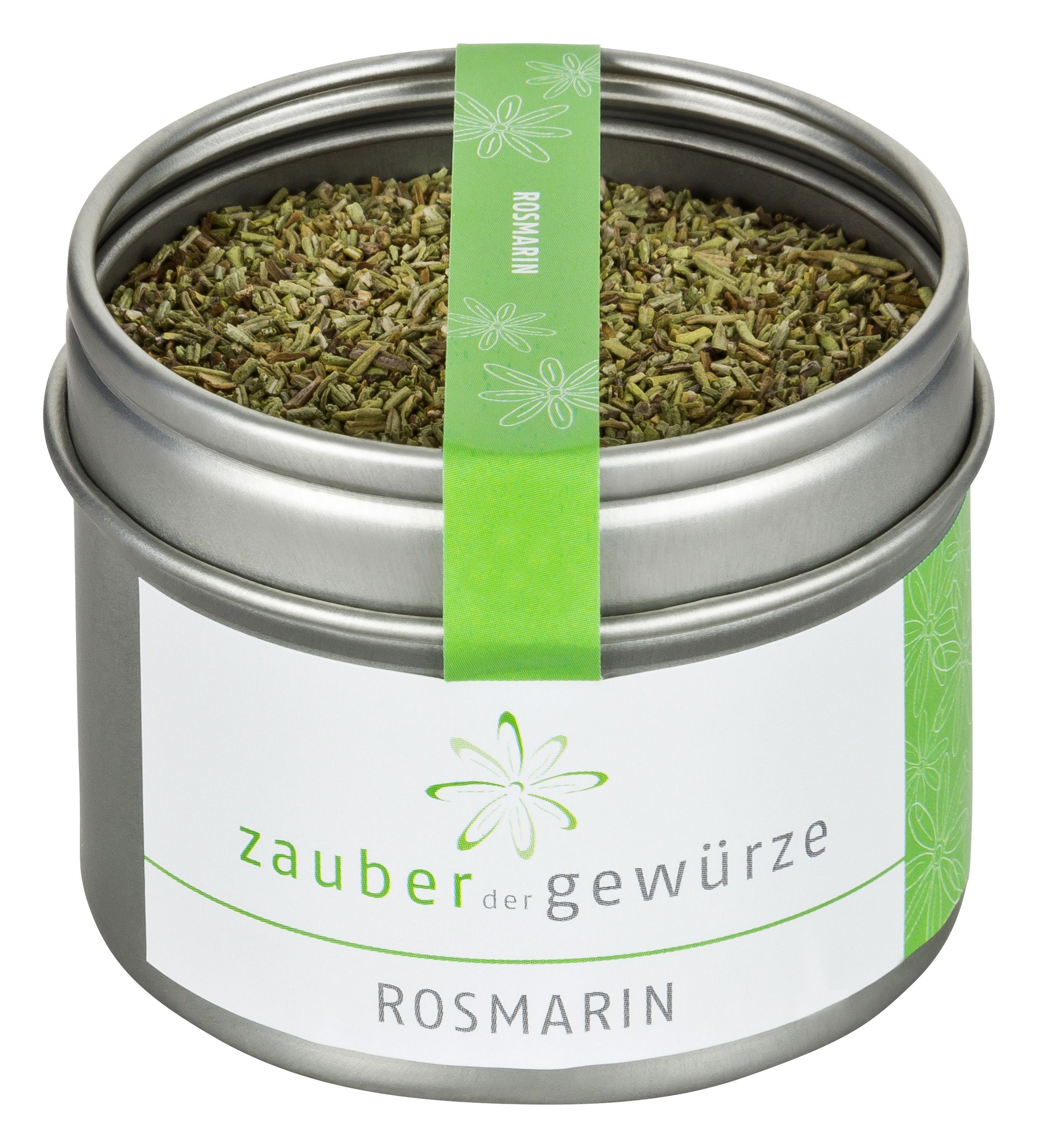 Metallbehälter mit Rosmarin-Gewürz. Grün-weißes Etikett mit Produktname und Logo. Deckel mit grünem Band.