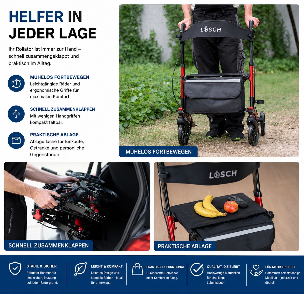 Rollator mit rotem Rahmen, schwarzem Sitz und Tasche. Zusammenklappbar. Mit ergonomischen Griffen und praktischer Ablage.