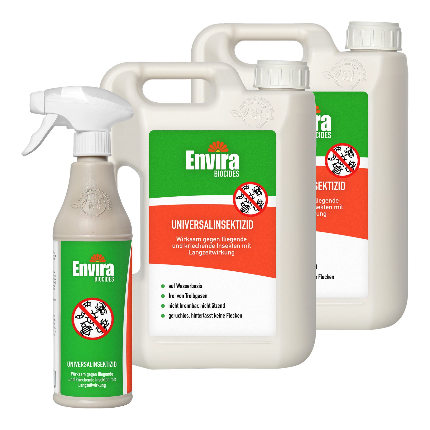 Envira Universal Insektizid Produkte. Sprühflasche und zwei Kanister. Text: UNIVERSALINSEKTIZID.