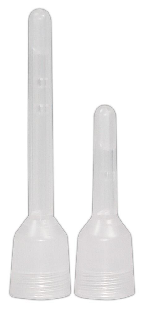 Zwei transparente Applikatoren. Einer lang und schmal, der andere kürzer und breiter, mit geriffelten Basen.