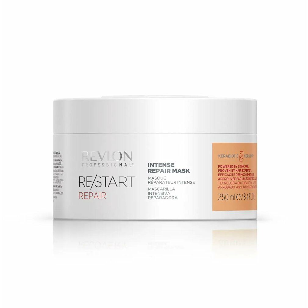 Weiße Dose mit Produktaufdruck. Text: Revlon Professional, Re/Start Repair, Intense Repair Mask. Orangefarbener Aufkleber mit Text.