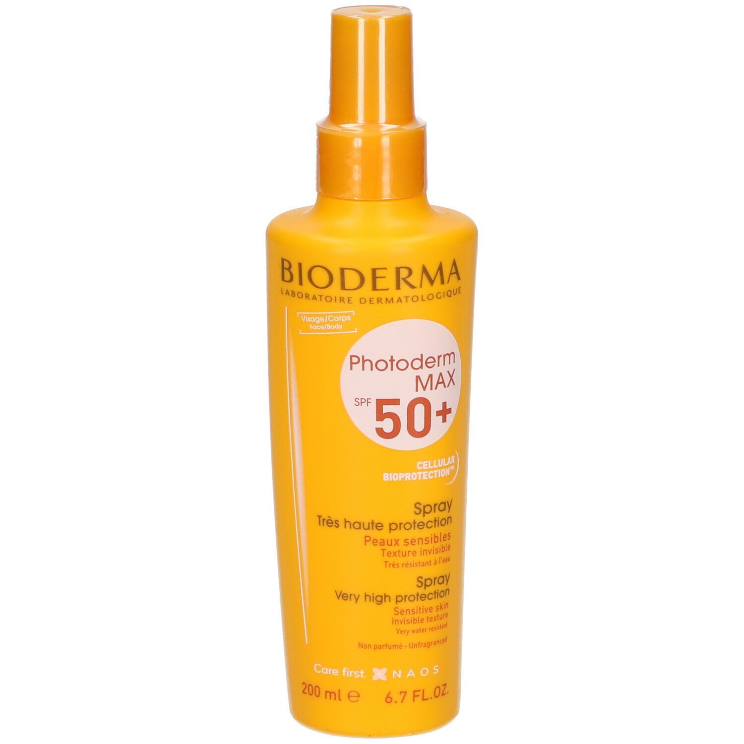Gelbe Sprühflasche mit BIODERMA-Logo und Photoderm MAX SPF 50+. Text: Très haute protection, Peaux sensibles, Spray. 200 ml.