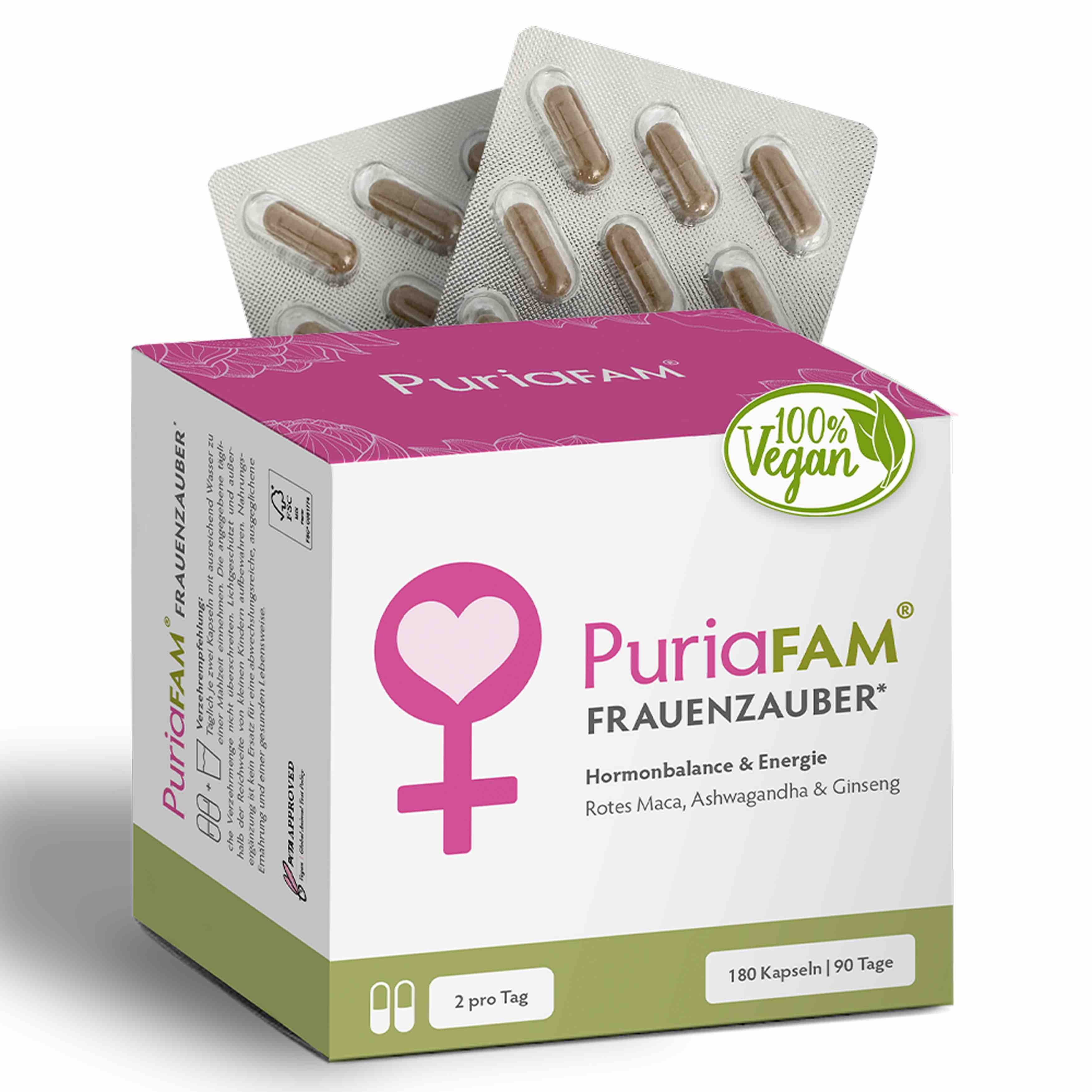 Produktverpackung von PuriaFAM Frauenzauber, 180 Kapseln, 100% vegan. Kapseln in Blisterpackung.