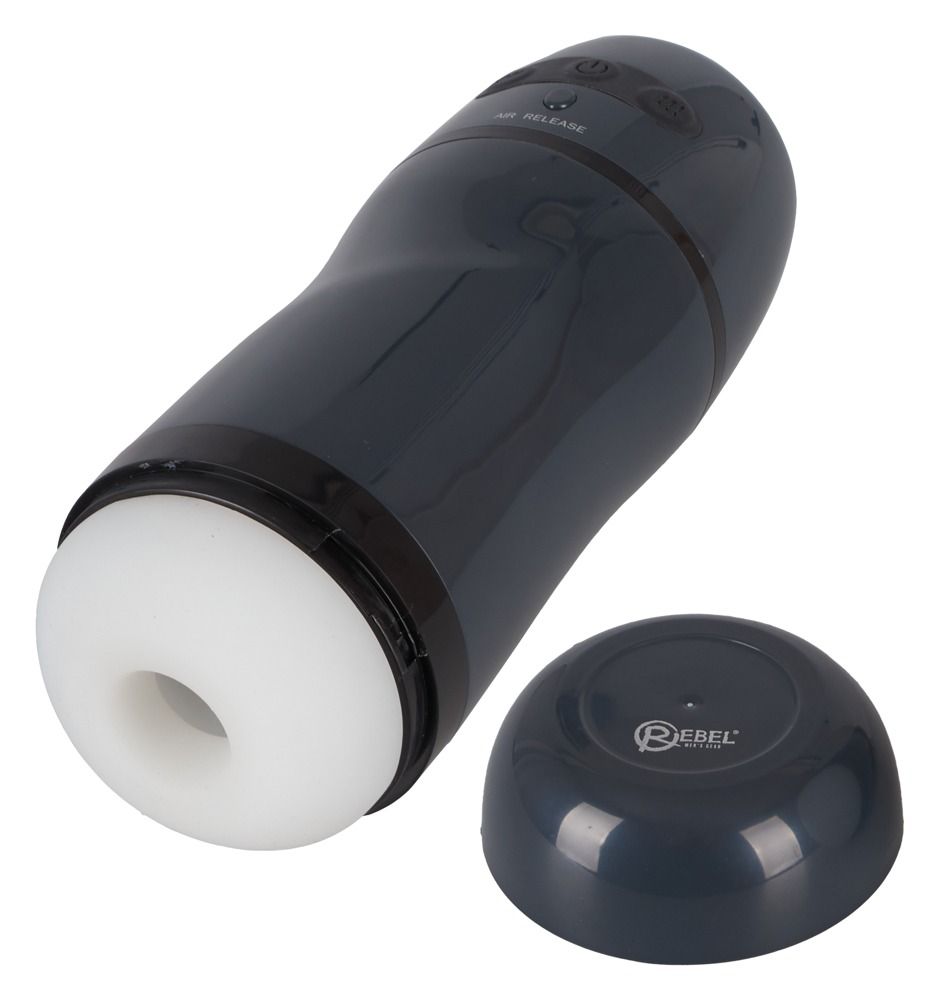 Dunkelgraues Gerät mit weißem Einsatz und abgenommenem Deckel. Auf dem Deckel steht 'Rebel'.