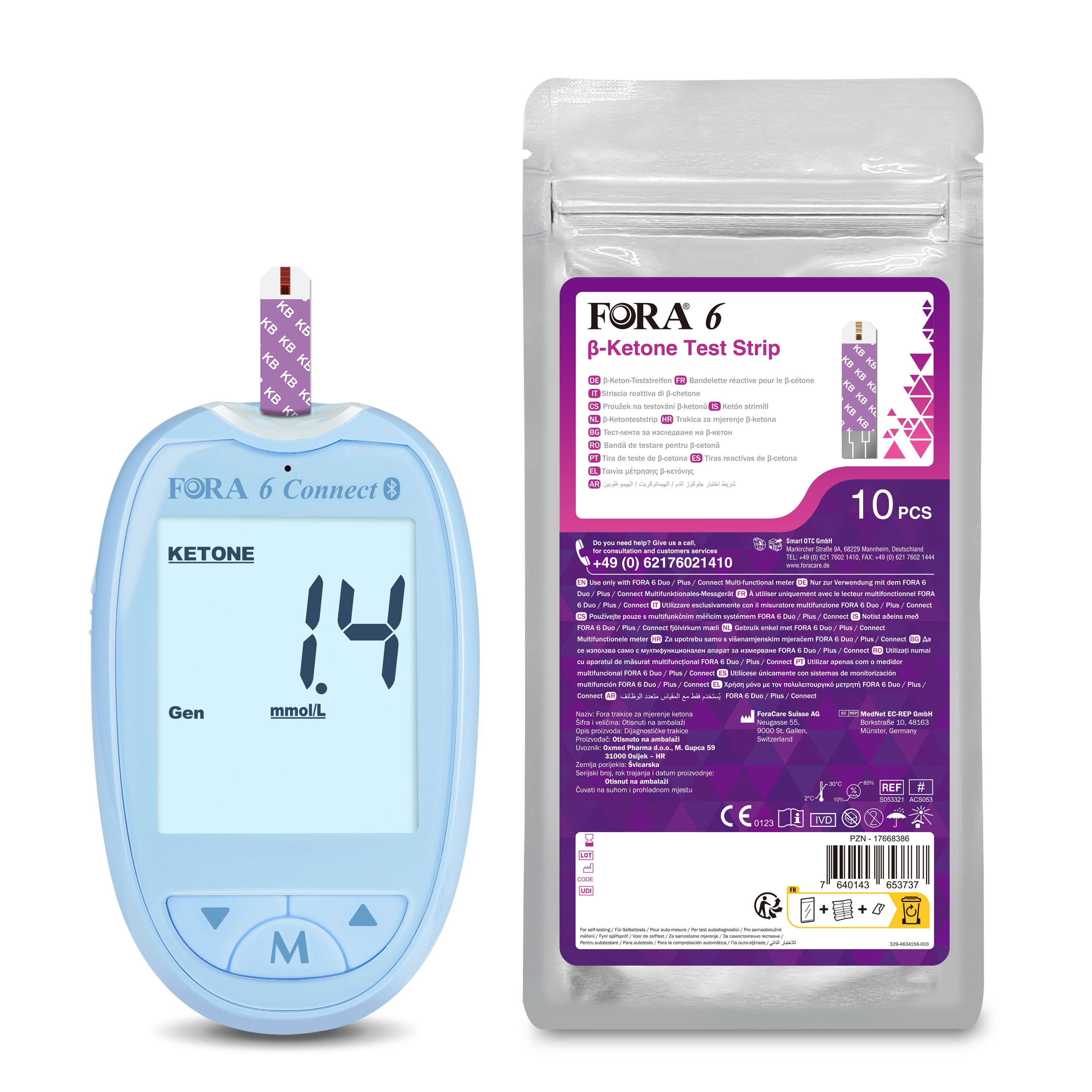 Blaues FORA 6 Ketone-Messgerät mit Anzeige. Packung mit 10 β-Ketone Teststreifen. Gerät und Packung nebeneinander.