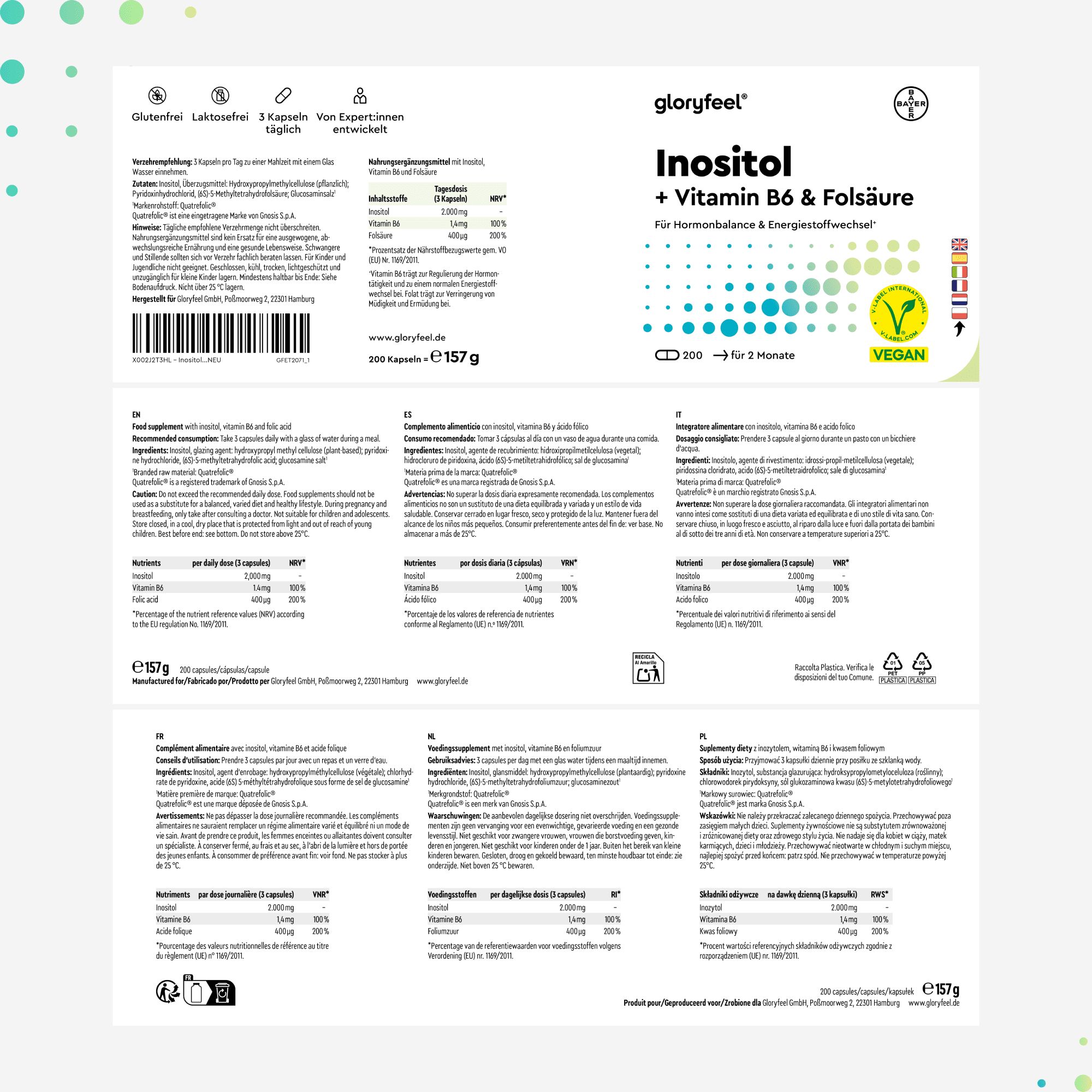 Etikett mit Text in mehreren Sprachen. Inhaltsstoffe, Nährwertangaben, Anwendung.