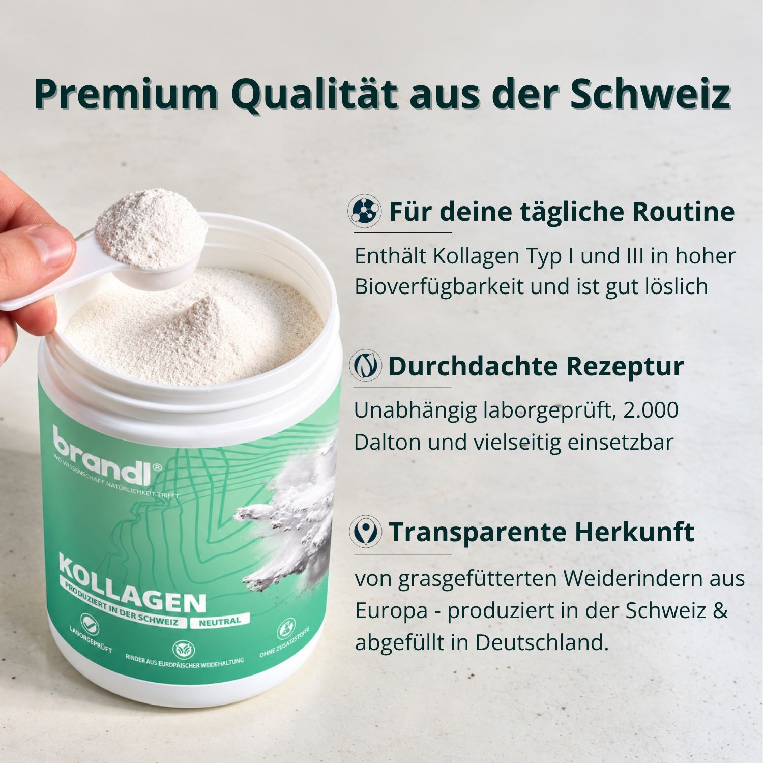Dose Kollagenpulver von Brandl Nutrition, mit Text über Qualität und Herkunft.