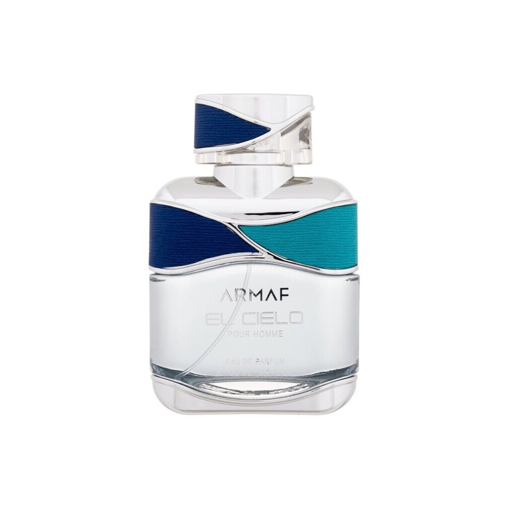 Armaf El Cielo Pour Homme Flakon. Rechteckiger Flakon mit blau-silbernem Deckel und blau-grünen Akzenten. Markenname und Produktname sichtbar.