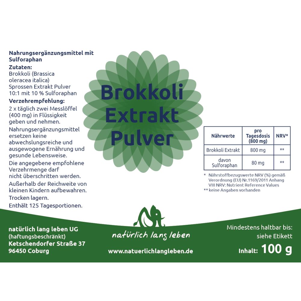 natürlich lang leben Brokkoli Extrakt Pulver mit 10 % Sulforaphan 100 g