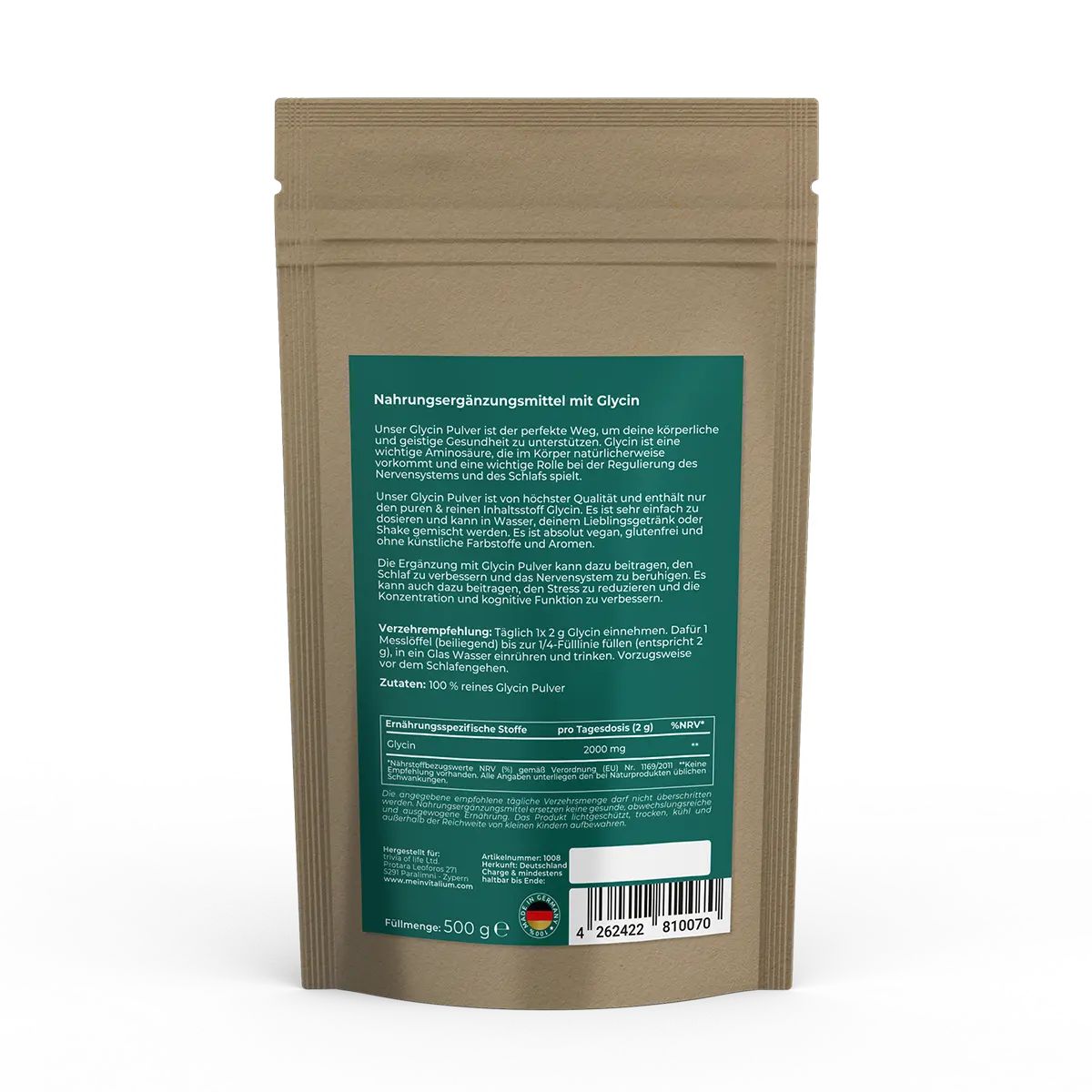 Beutel mit Glycin Pulver. Rückseite mit Text, Inhaltsstoffen und Barcode. Grün-weiße Etiketten. Braune Papierverpackung. 500g.