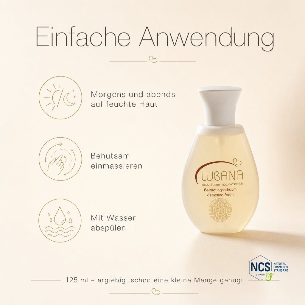 Lubana Reinigungsschaum Flasche neben Anwendungshinweisen.