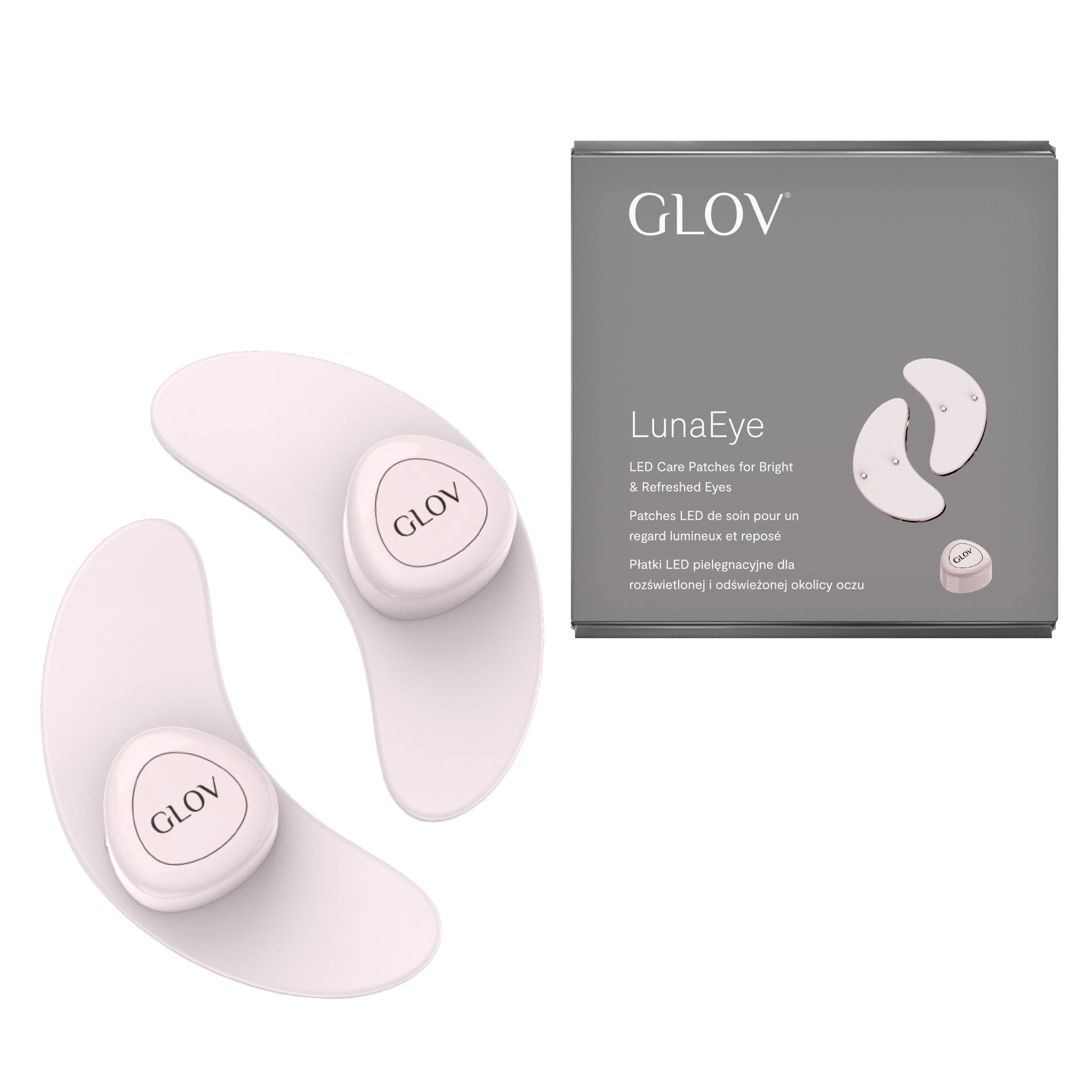 GLOW LunaEye LED-Augenpads und Verpackung.