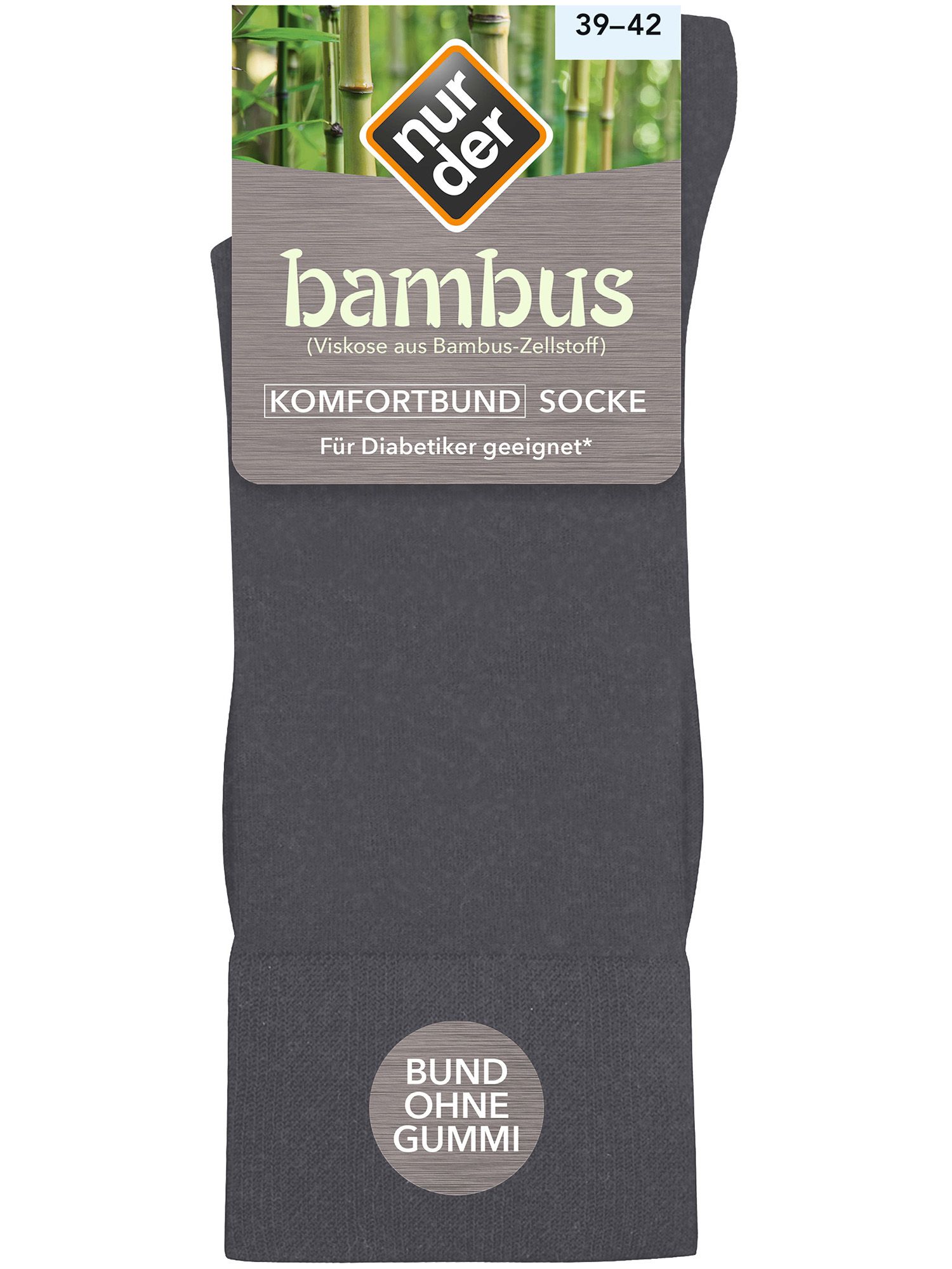 Anthrazitfarbene Socke mit Etikett. Aufschrift: Bambus, Komfortbund, für Diabetiker geeignet. Größe 39-42.