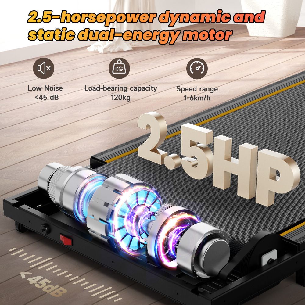 Laufband mit freiliegendem Motor. Text: 2.5-PS-Motor, geringe Geräuschentwicklung, Tragfähigkeit 120 kg, Geschwindigkeitsbereich 1-6 km/h.