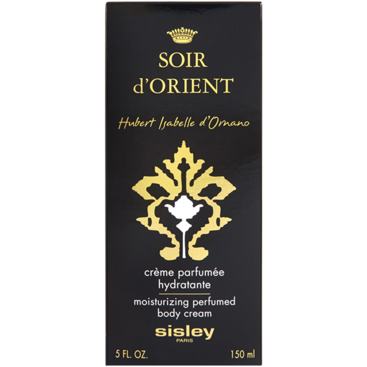 Schwarzer Karton mit goldener Schrift. Soir d'Orient Crème Parfumée Hydratante Corps. Sisley Paris.