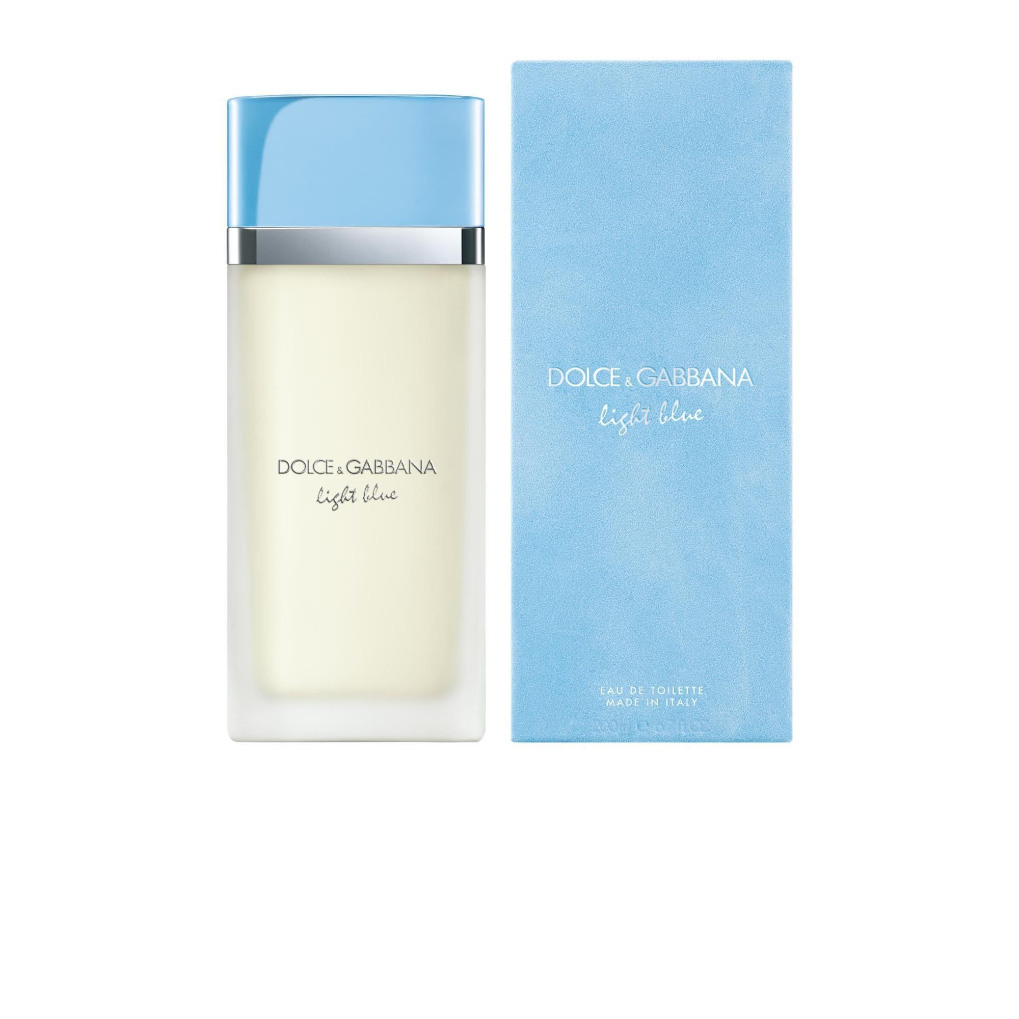 Flakon und hellblaue Schachtel. Aufschrift: Dolce & Gabbana Light Blue. Made in Italy.