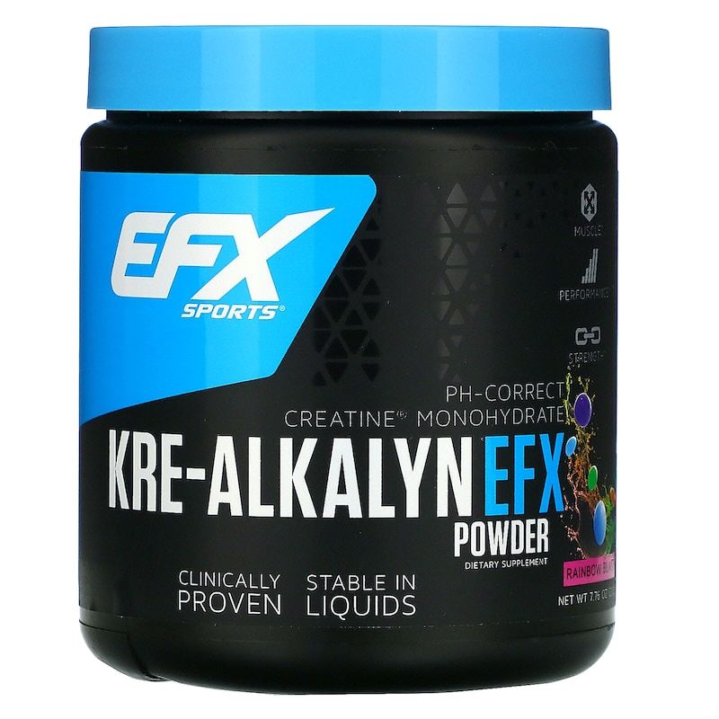 Schwarze Dose mit blauem Deckel. Aufschrift: EFX SPORTS, KRE-ALKALYN EFX POWDER. Enthält Kreatin Monohydrat. Klinisch stabil in Flüssigkeiten.