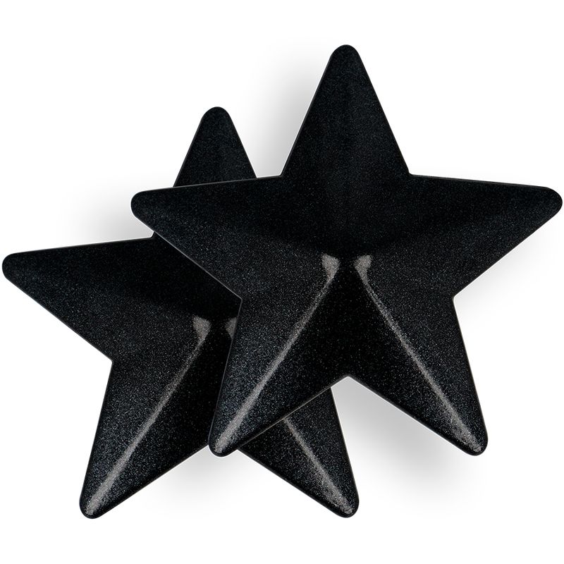 Zwei schwarze Stern-förmige Nippel-Abdeckungen, nahaufnahme.