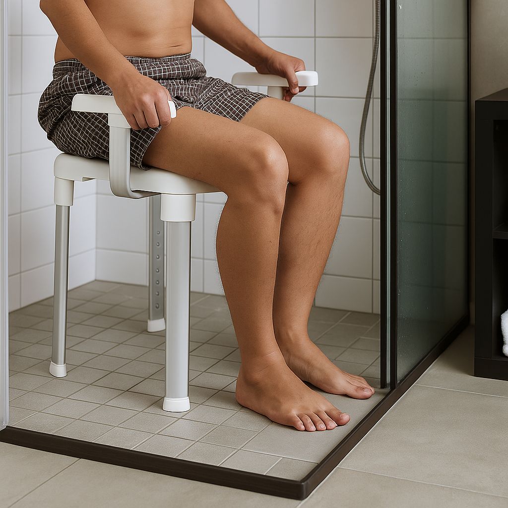 Person sitzt auf Duschhocker mit Armlehnen in Dusche. Hocker mit weißem Sitz, silbernen Beinen und weißen Armlehnen. Person trägt Shorts.