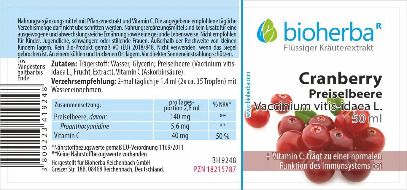 Etikett mit Produktname, Cranberry-Abbildung, Markenlogo und Informationen. Enthält Text und Nährwertangaben.