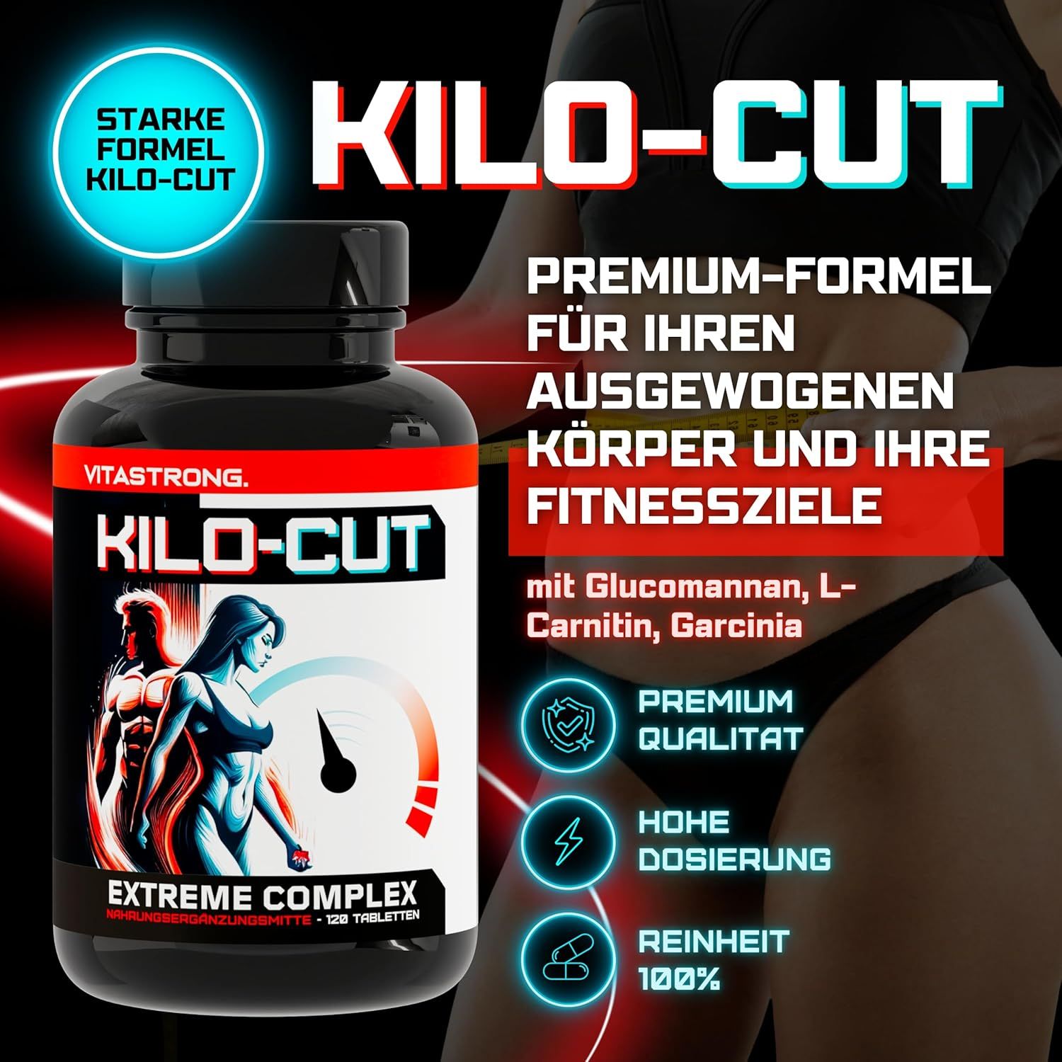 Vitastrong KILO-CUT Flasche. Premium-Formel. Mit Glucomannan, L-Carnitin, Garcinia. Premium Qualität. Hohe Dosierung.