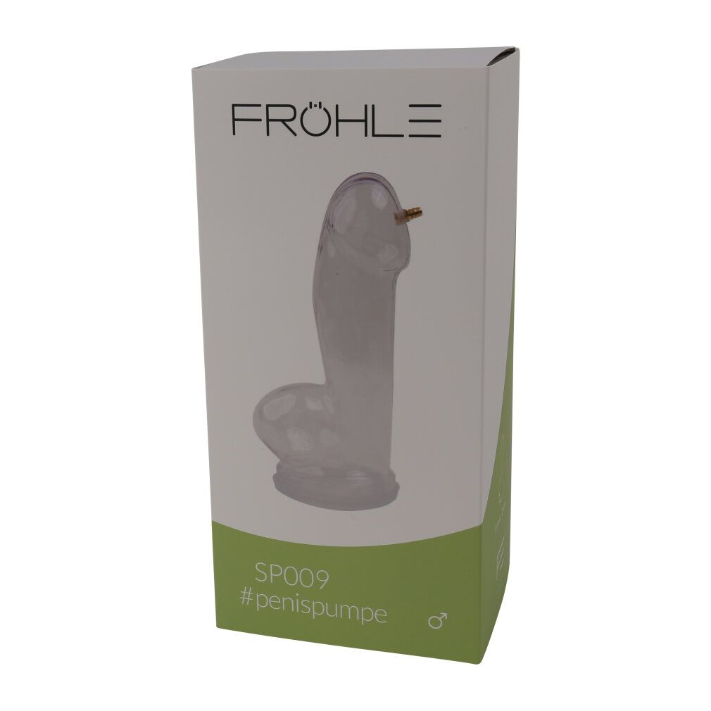 Penis-Zylinder mit Verpackung. Auf der Verpackung steht "FRÖHLE", "SP009 #penispumpe".