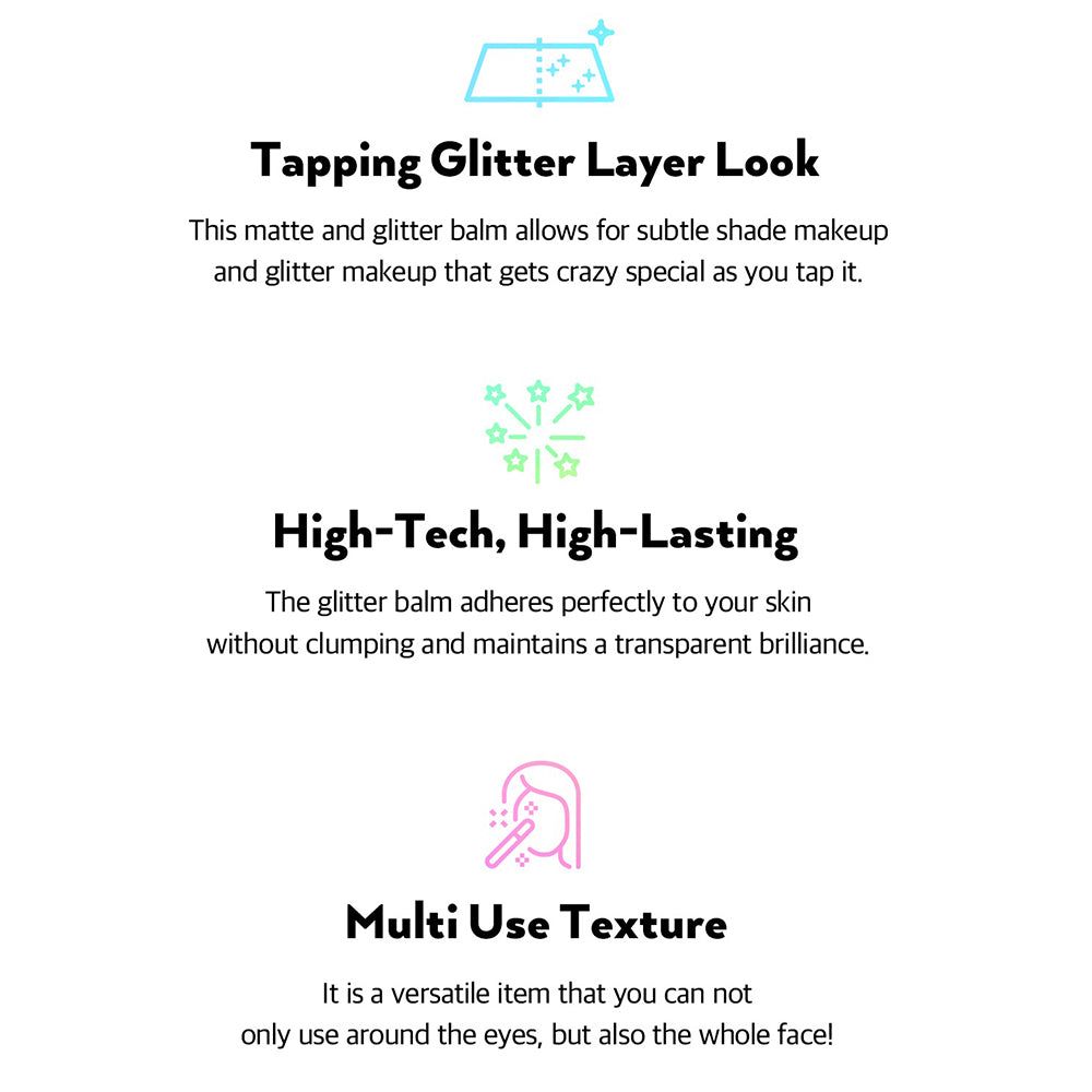 Text mit Überschriften: Tapping Glitter Layer Look, High-Tech, High-Lasting, Multi Use Texture. Beschreibungen unter jeder Überschrift.