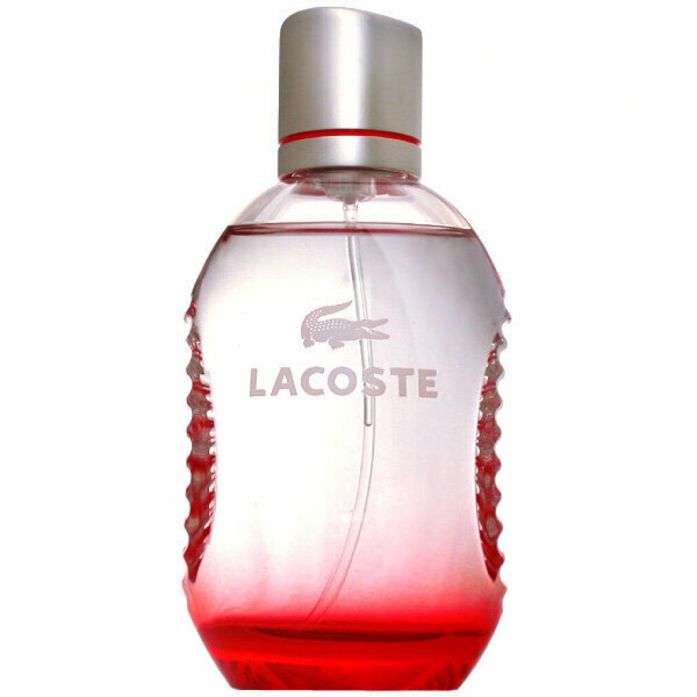 Runder, roter Flakon mit silbernem Deckel. Lacoste-Logo und Schriftzug. Sprühflasche.