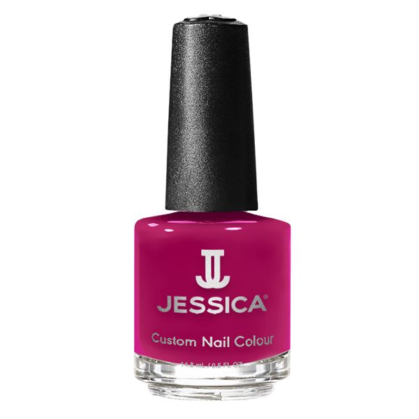 Flasche Nagellack, pinke Farbe. Schwarzer Deckel. Aufschrift: JESSICA Custom Nail Colour.