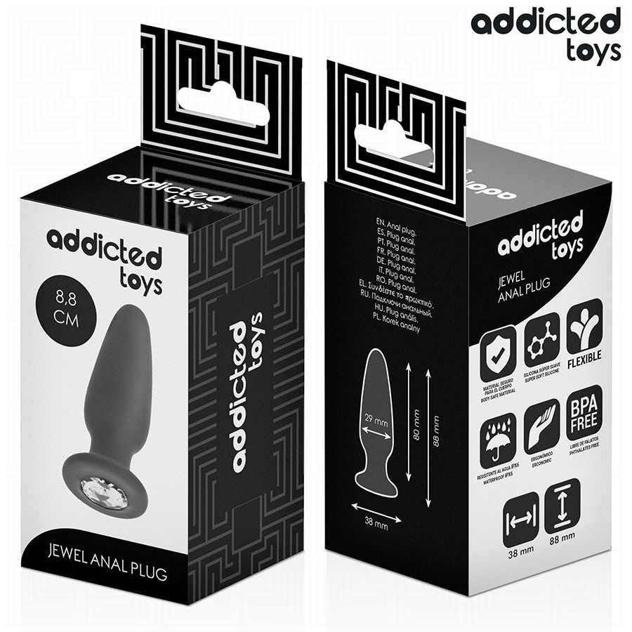 Verpackung für einen Analplug. Produktabbildung, Maße, Produktname, Marke: Addicted Toys. Text: 'JEWEL ANAL PLUG'.