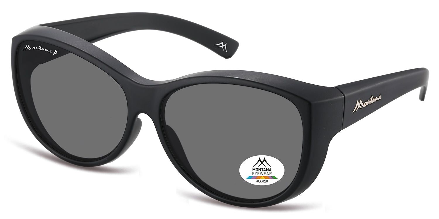 Schwarze Sonnen-Überbrille mit grauen Gläsern. Montana Eyewear Logo auf dem Bügel und Glas. Polarisierte Gläser.