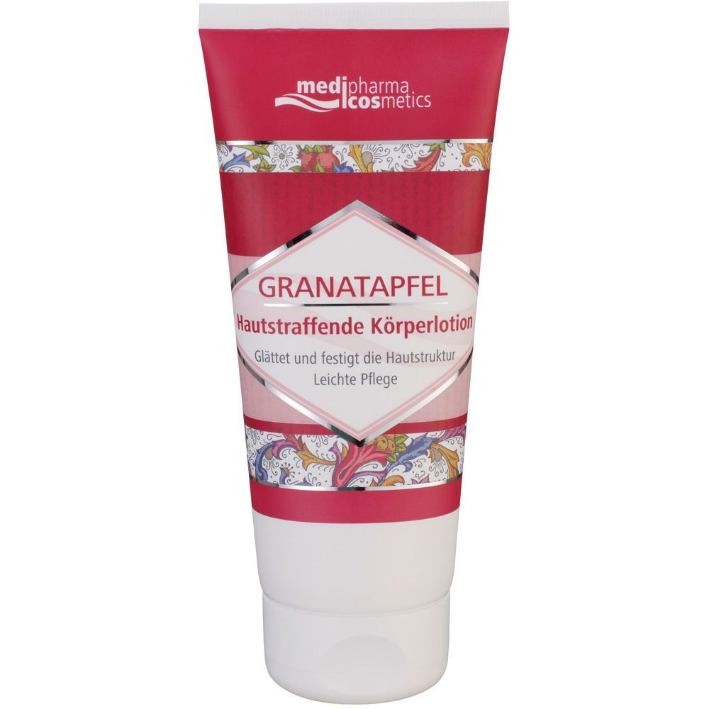 Körperlotion-Tube, rot-weiß. Text: Granatapfel, Hautstraffende Körperlotion. Marke: medipharma cosmetics.
