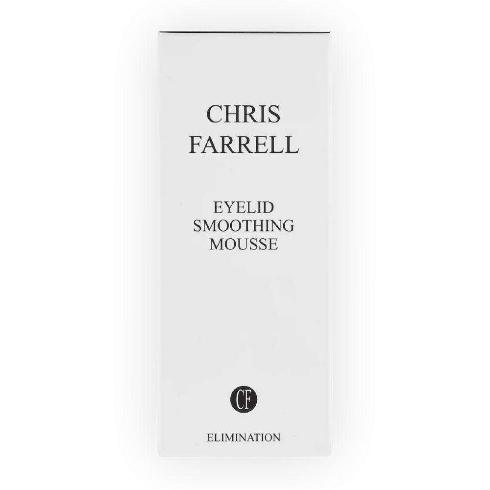 Weiße Verpackung mit Aufschrift: CHRIS FARRELL, EYELID SMOOTHING MOUSSE, CF-Logo und ELIMINATION.
