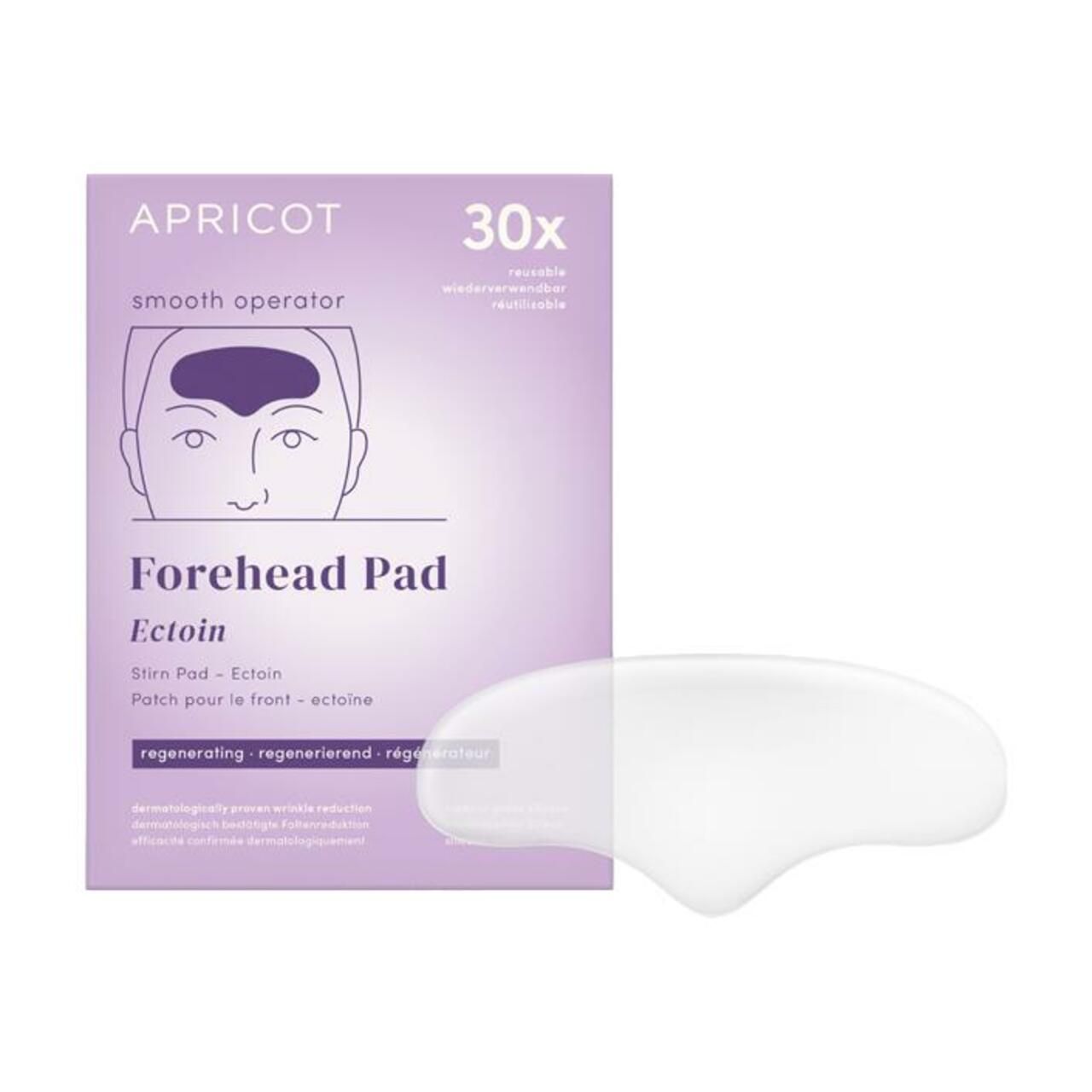 Verpackung und Pad. Rechteckige Verpackung mit Produktabbildung. Transparentes Stirnpad daneben. Marke: APRICOT.
