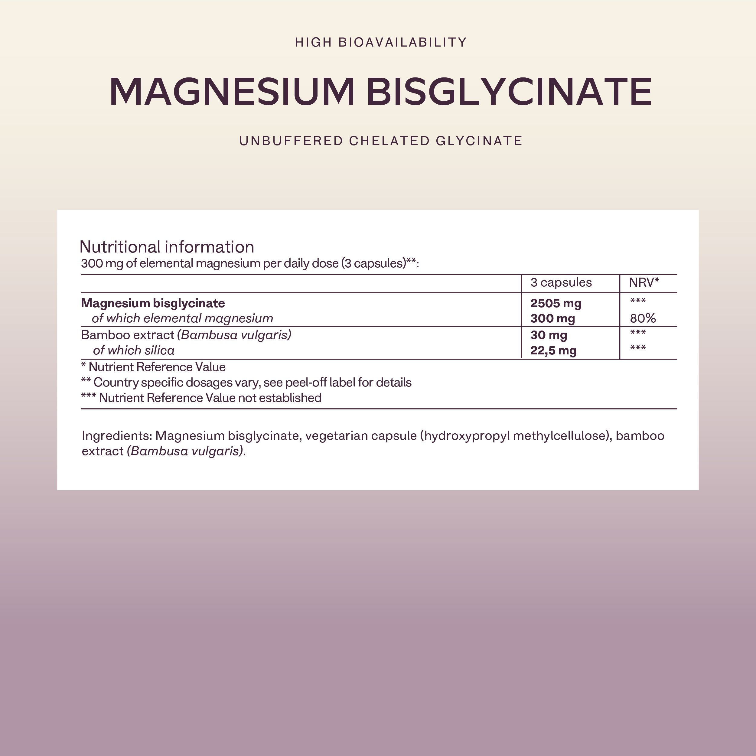 Nährwertinformationen. Magnesiumbisglycinat. 300 mg elementares Magnesium.