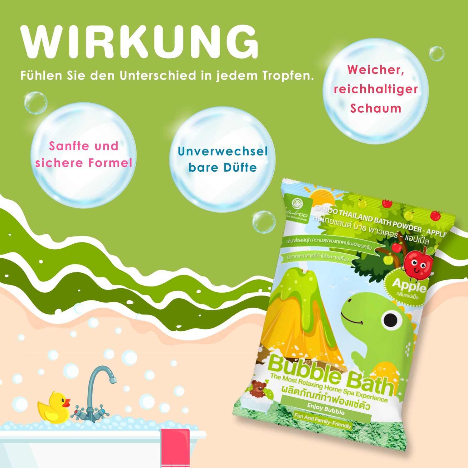 Produktverpackung mit Apfel-Badeschaumpulver. Illustrationen und Text über die Wirkung des Produkts.