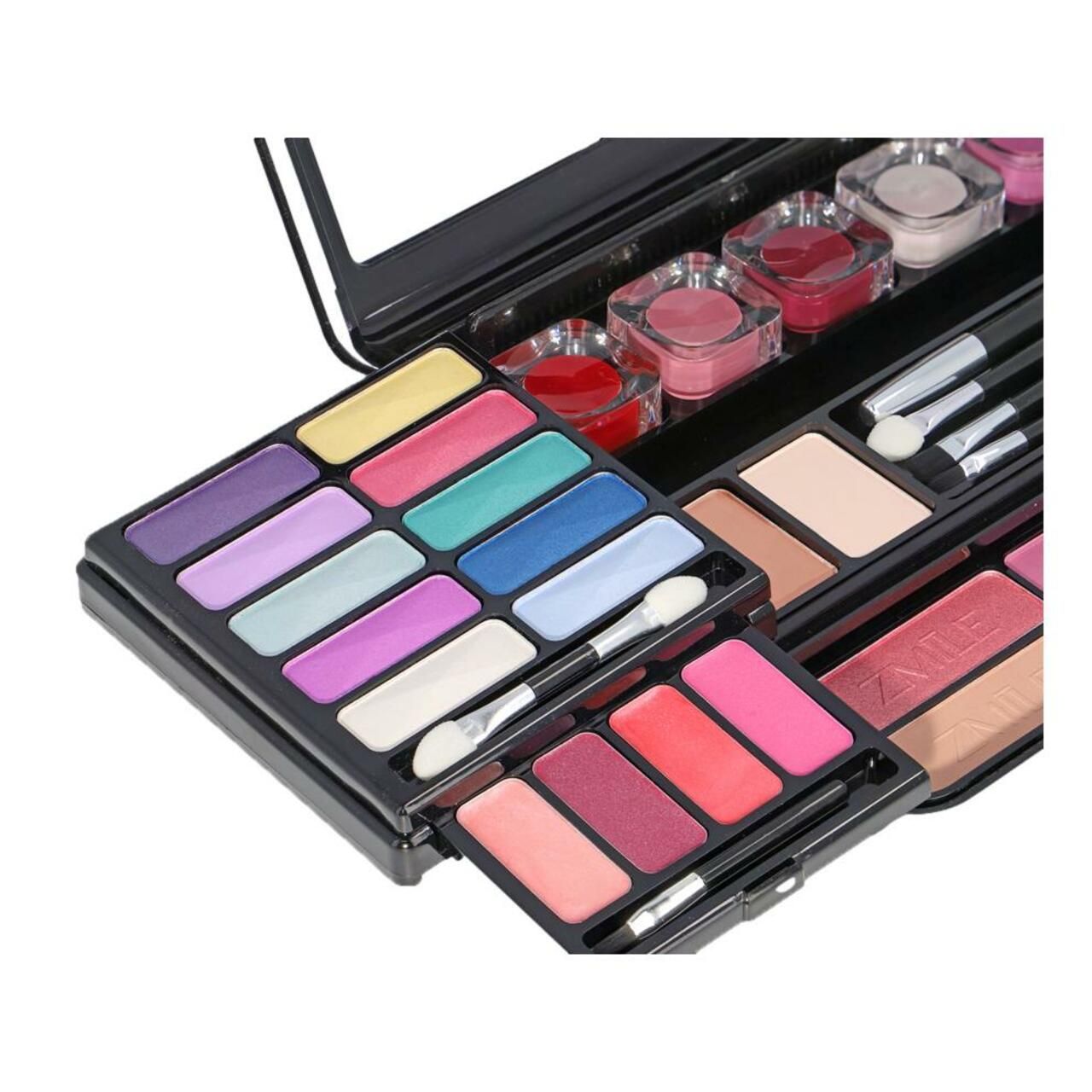 Nahaufnahme des geöffneten Make-up-Sets. Enthält Lidschatten in verschiedenen Farben und Applikatoren.