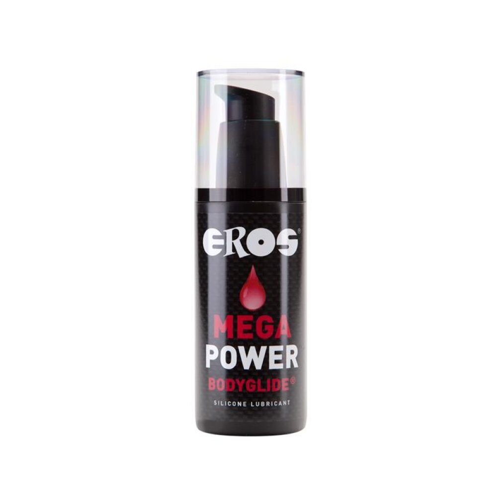 Eros Mega Power Bodyglide Silikon Gleitmittel in schwarzer Spenderflasche mit transparentem Deckel.