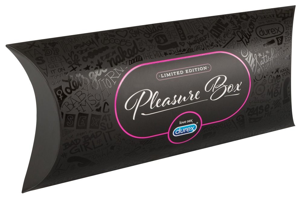 Schwarze Geschenkbox mit Aufdruck 'Pleasure Box' und Durex-Logo. Limitierte Edition.