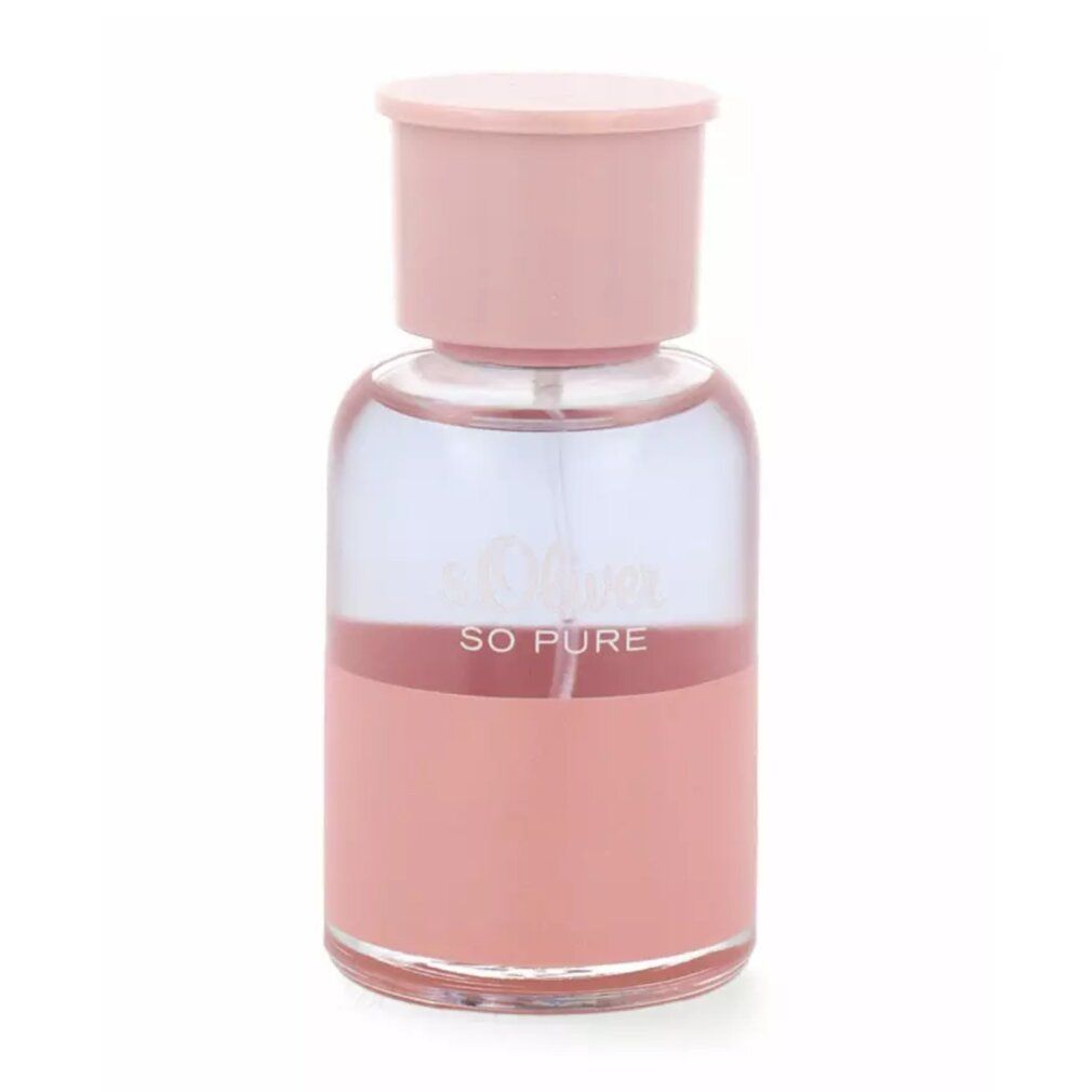 Rosa Flakon mit rosa Verschluss. Aufschrift "SO PURE". Transparenter Glasbehälter mit rosa Flüssigkeit.