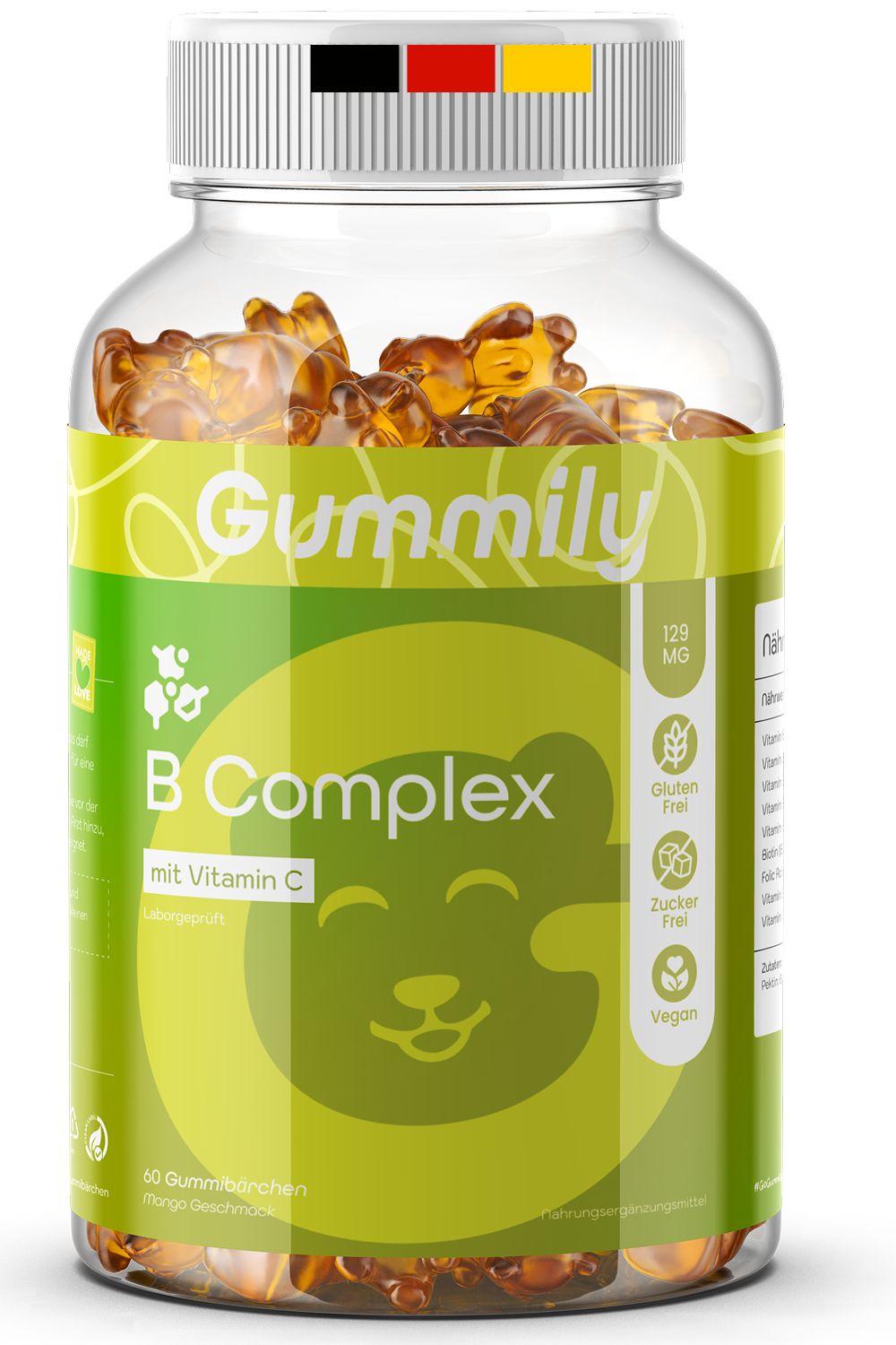 Gummily B-Complex Gummibärchen mit Vitamin C in einem Glasbehälter.