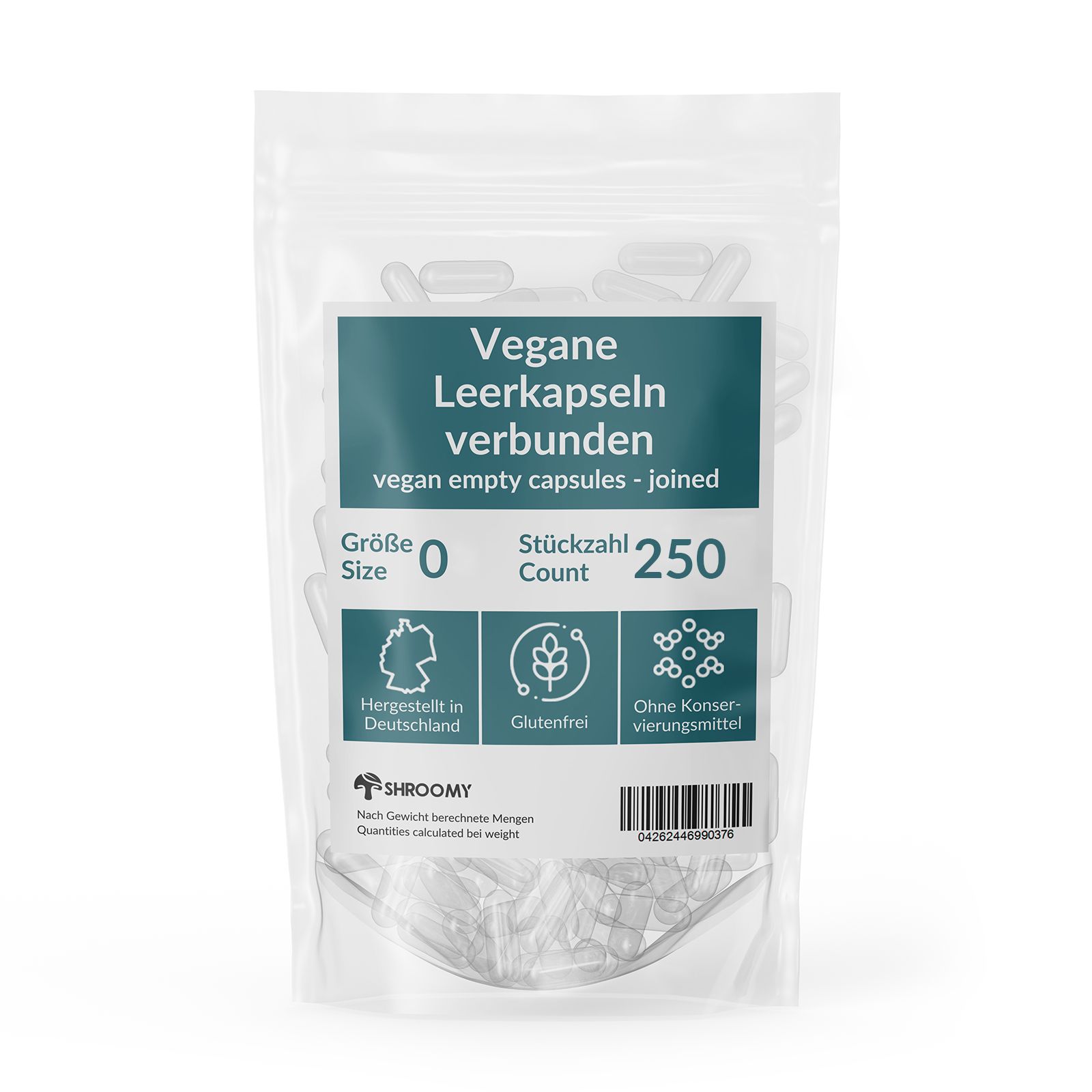 Transparente Beutel mit veganen Leerkapseln Größe 0, 250 Stück. Aufschrift: "Vegane Leerkapseln verbunden". Marke: SHROOMY.