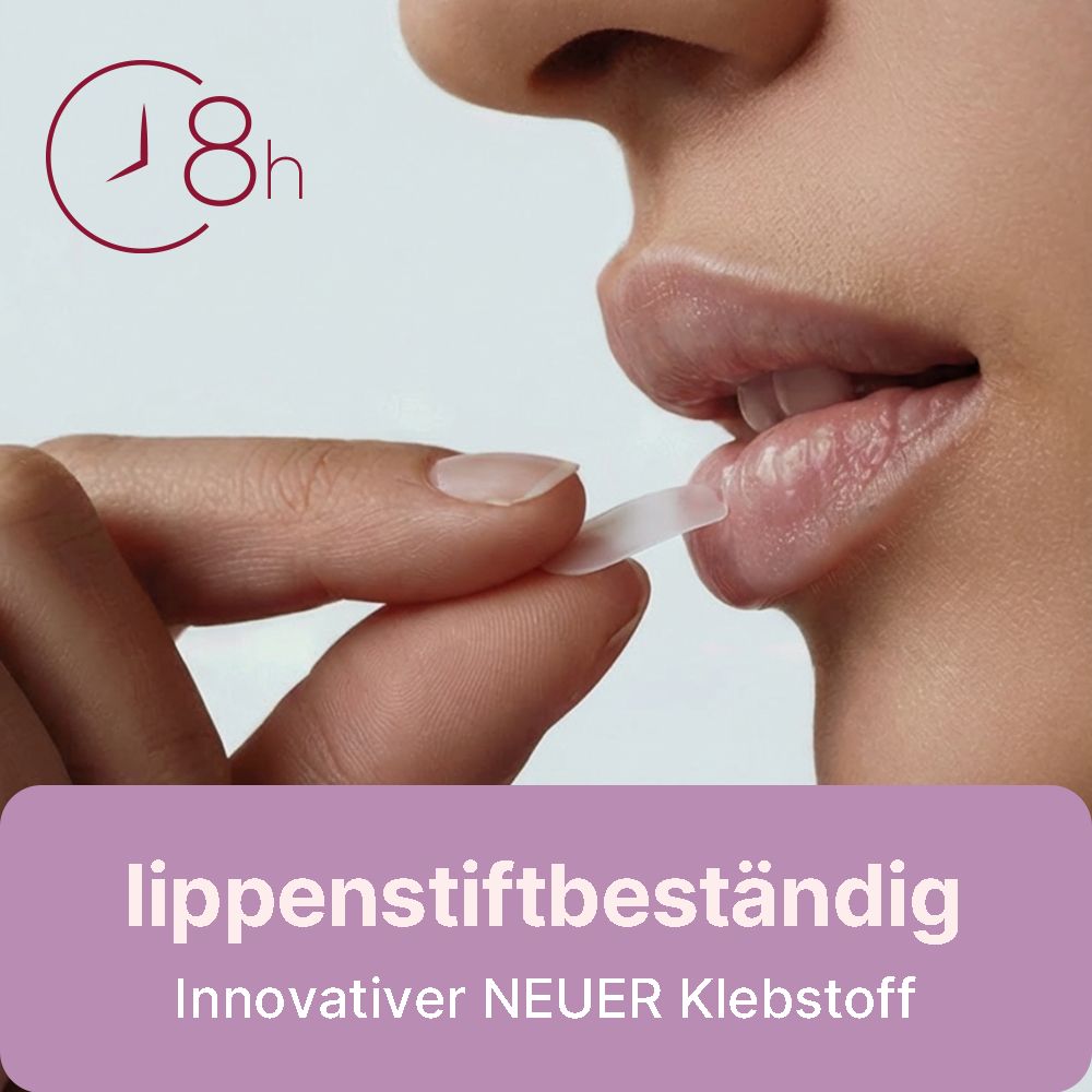 Lippenstiftbeständiger, innovativer Klebstoff für Herpespflaster. Hält bis zu 8 Stunden.
