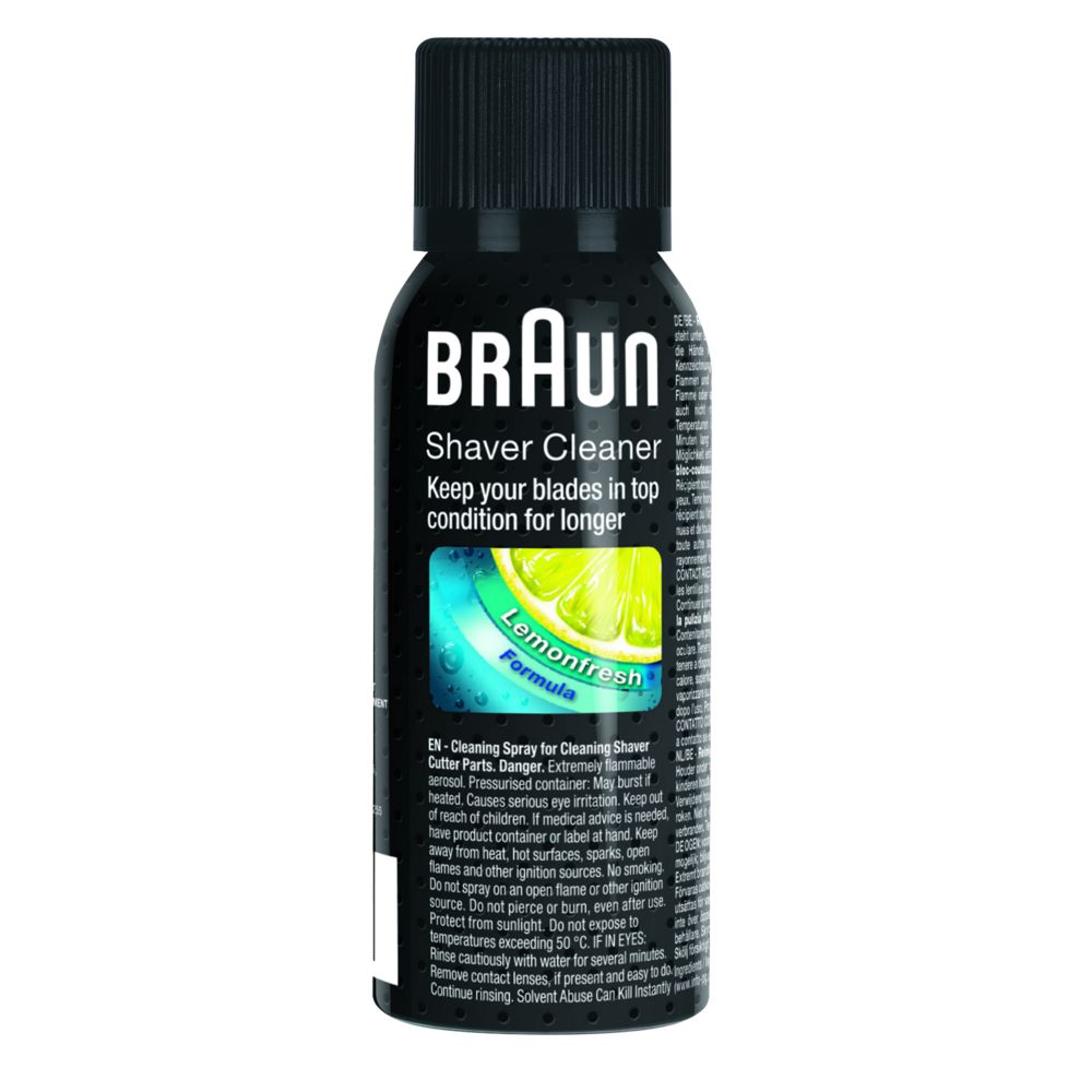 Schwarze Sprühflasche mit "BRAUN Shaver Cleaner"-Etikett. Enthält "Lemonfresh Formula".