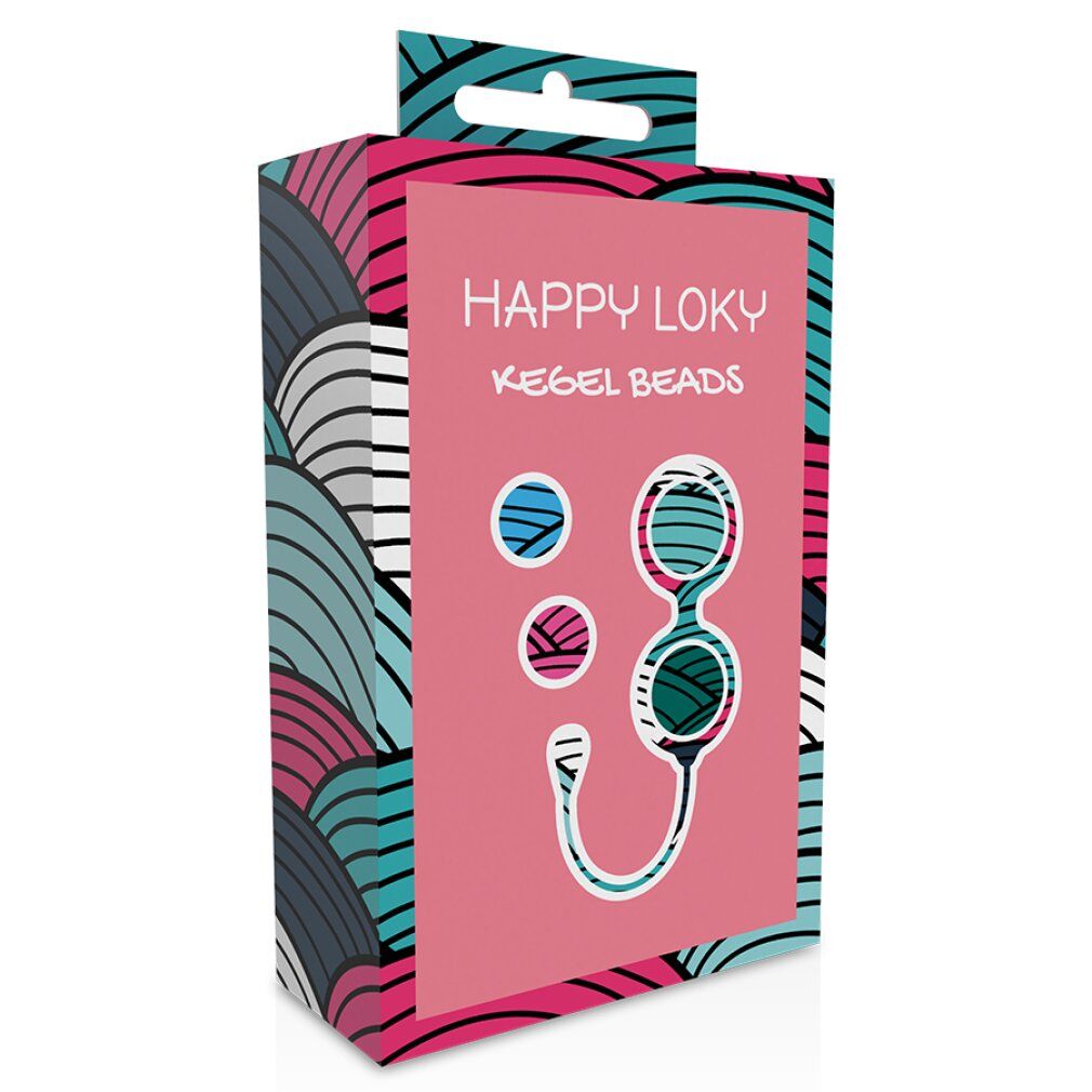 Verpackung mit Produktabbildung. Aufdruck: HAPPY LOKY, KEGEL BEADS. Abbildung von Kugeln und verbundenen Kugeln.