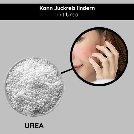 Schüssel mit weißen Urea-Kügelchen, vergrößerte Hautpartie. Text: Kann Juckreiz lindern mit Urea.