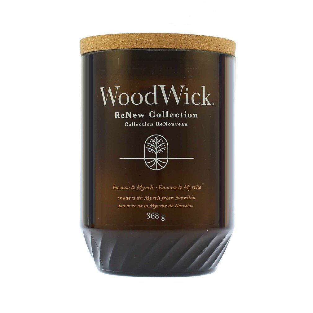 Braune Kerze mit Korkdeckel. WoodWick Logo. Text: Incense & Myrrh, 368 g.