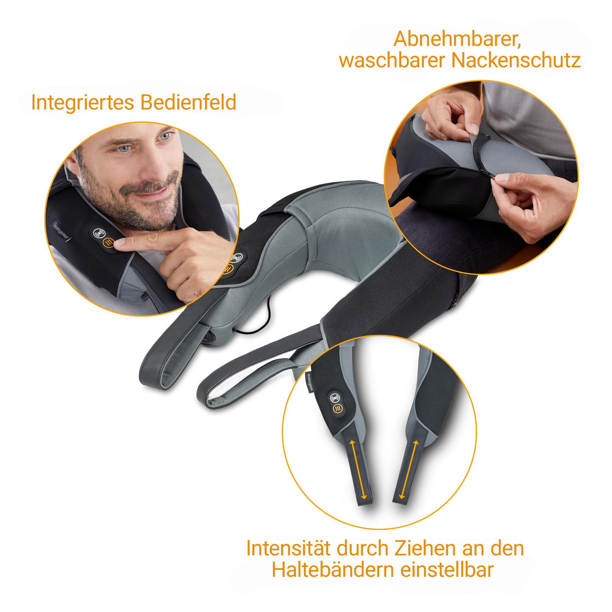Detailansicht des Nackenmassagegeräts mit Bedienelementen und Hinweisen.