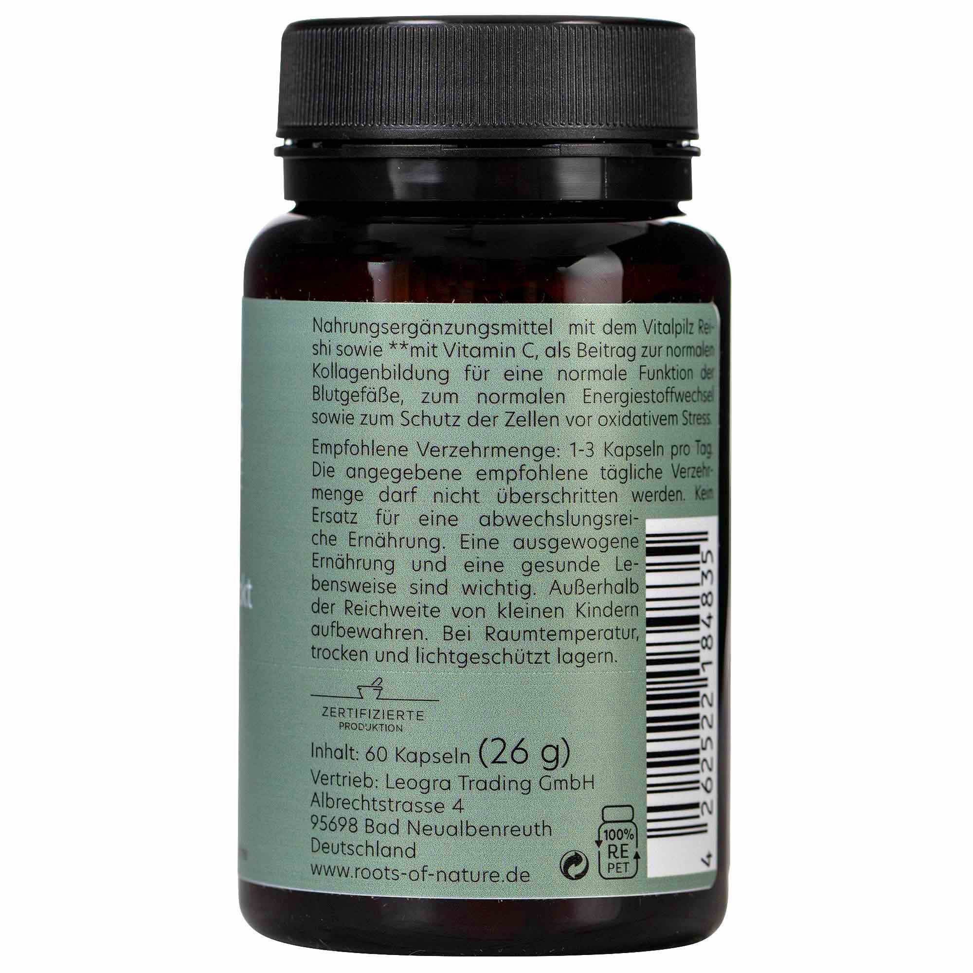 Braune Kapseln in einer braunen Flasche. Aufschrift: Nahrungsergänzungsmittel. Text über Vitalpilz Reishi. 60 Kapseln, 26 g. Zertifiziert.