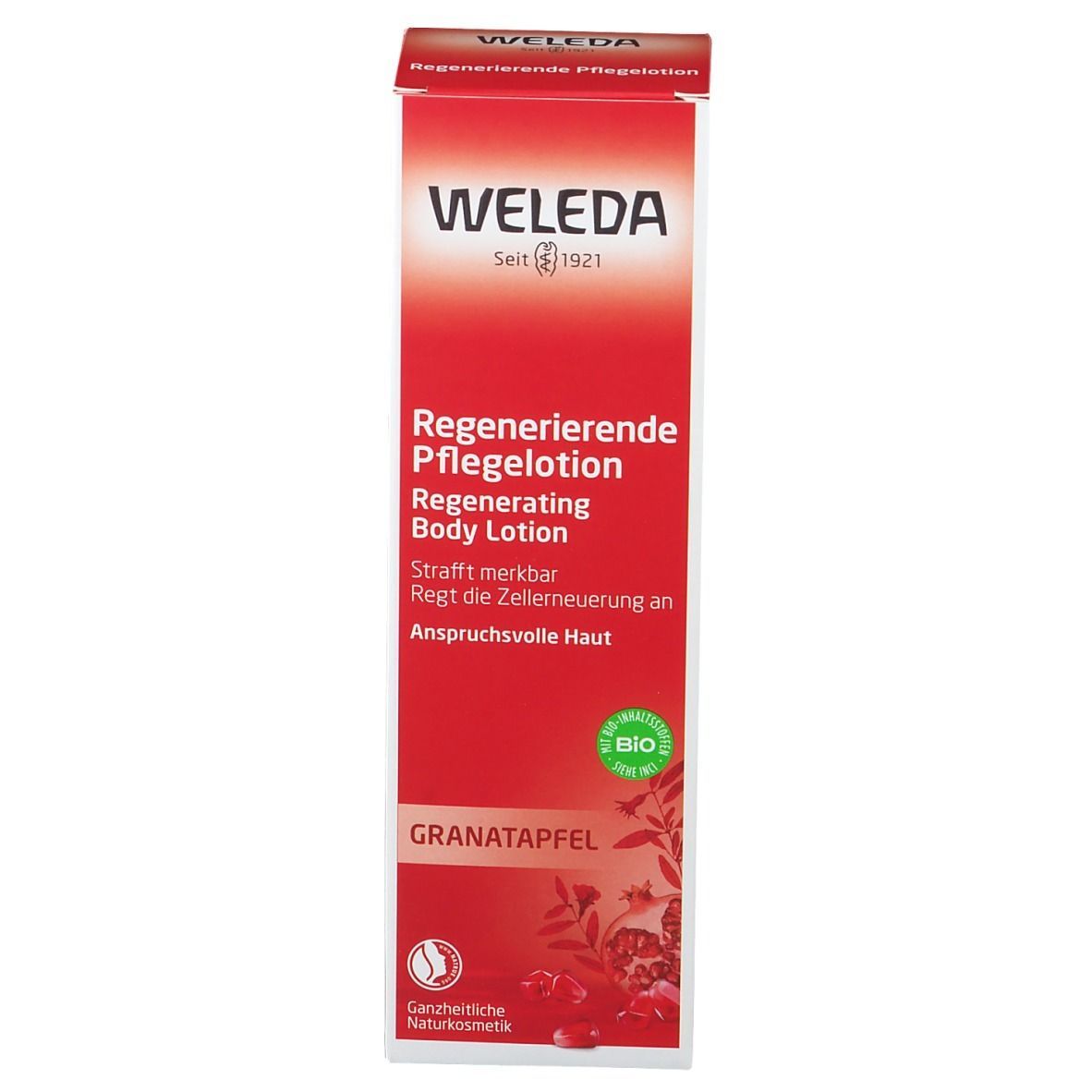 Weleda Pflegelotion, Verpackung. Rote Schachtel mit Produktinformationen und Marke.